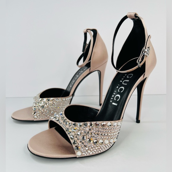Gucci Shoes - Gucci Crystal Embellished Skin Rose Satin Heel Ankle Strap Bridal Sandals EU 40